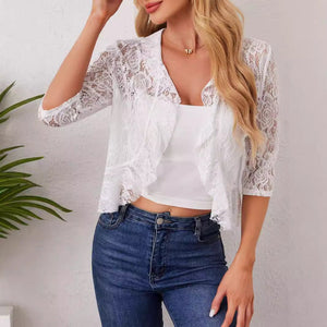 2025 's new elegant and fashionable women's ruffle leaf open placket short lace top - Negative Apparel