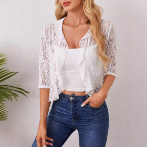 2025 's new elegant and fashionable women's ruffle leaf open placket short lace top - Negative Apparel