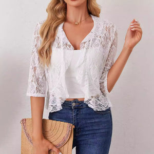 2025 's new elegant and fashionable women's ruffle leaf open placket short lace top - Negative Apparel
