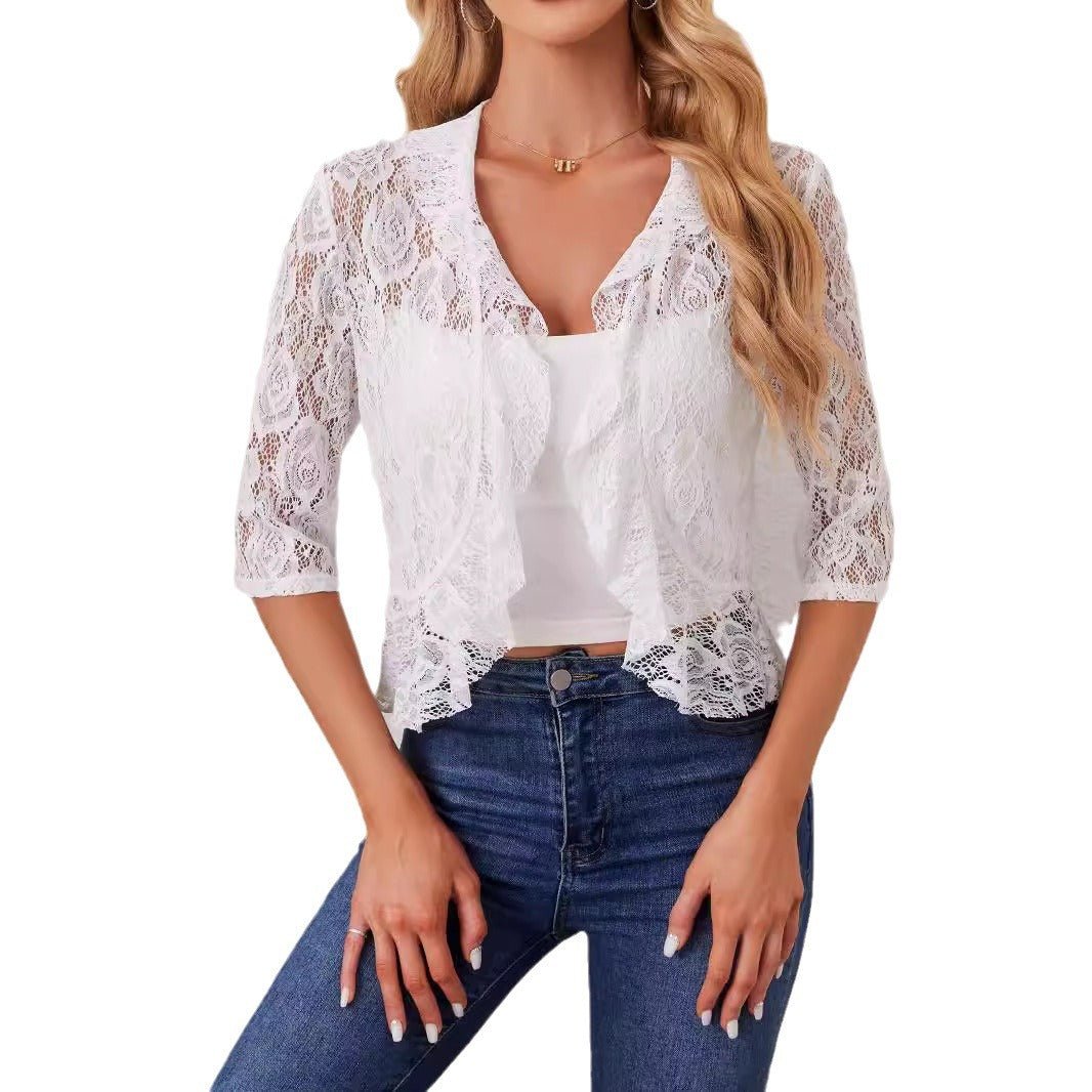 2025 's new elegant and fashionable women's ruffle leaf open placket short lace top - Negative Apparel