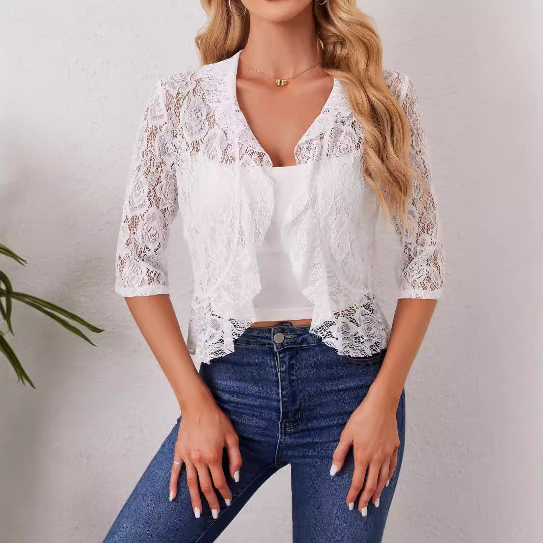 2025 's new elegant and fashionable women's ruffle leaf open placket short lace top - Negative Apparel