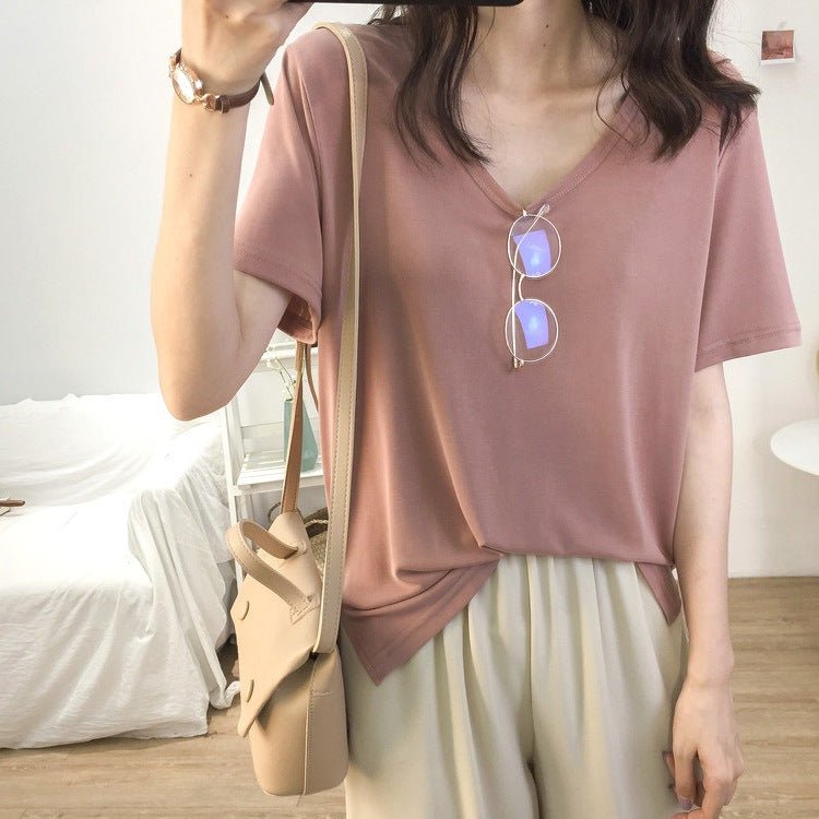 2025 short - sleeved women's T-shirt ins stylish v - neck tops for women new summer online celebrity slim top - Negative Apparel