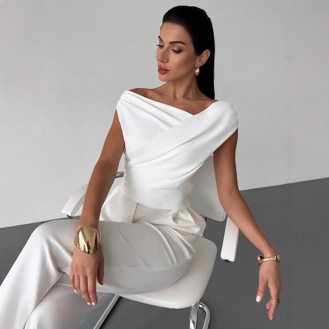 2025 solid color sleeveless T-shirt women's simple style oblique shoulder slimming sleeveless short top - Negative Apparel