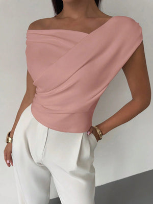 2025 solid color sleeveless T-shirt women's simple style oblique shoulder slimming sleeveless short top - Negative Apparel