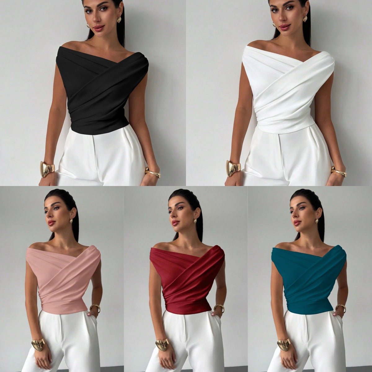 2025 solid color sleeveless T-shirt women's simple style oblique shoulder slimming sleeveless short top - Negative Apparel
