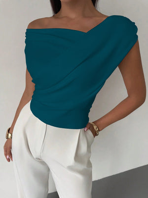 2025 solid color sleeveless T-shirt women's simple style oblique shoulder slimming sleeveless short top - Negative Apparel