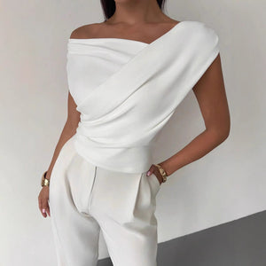 2025 solid color sleeveless T-shirt women's simple style oblique shoulder slimming sleeveless short top - Negative Apparel