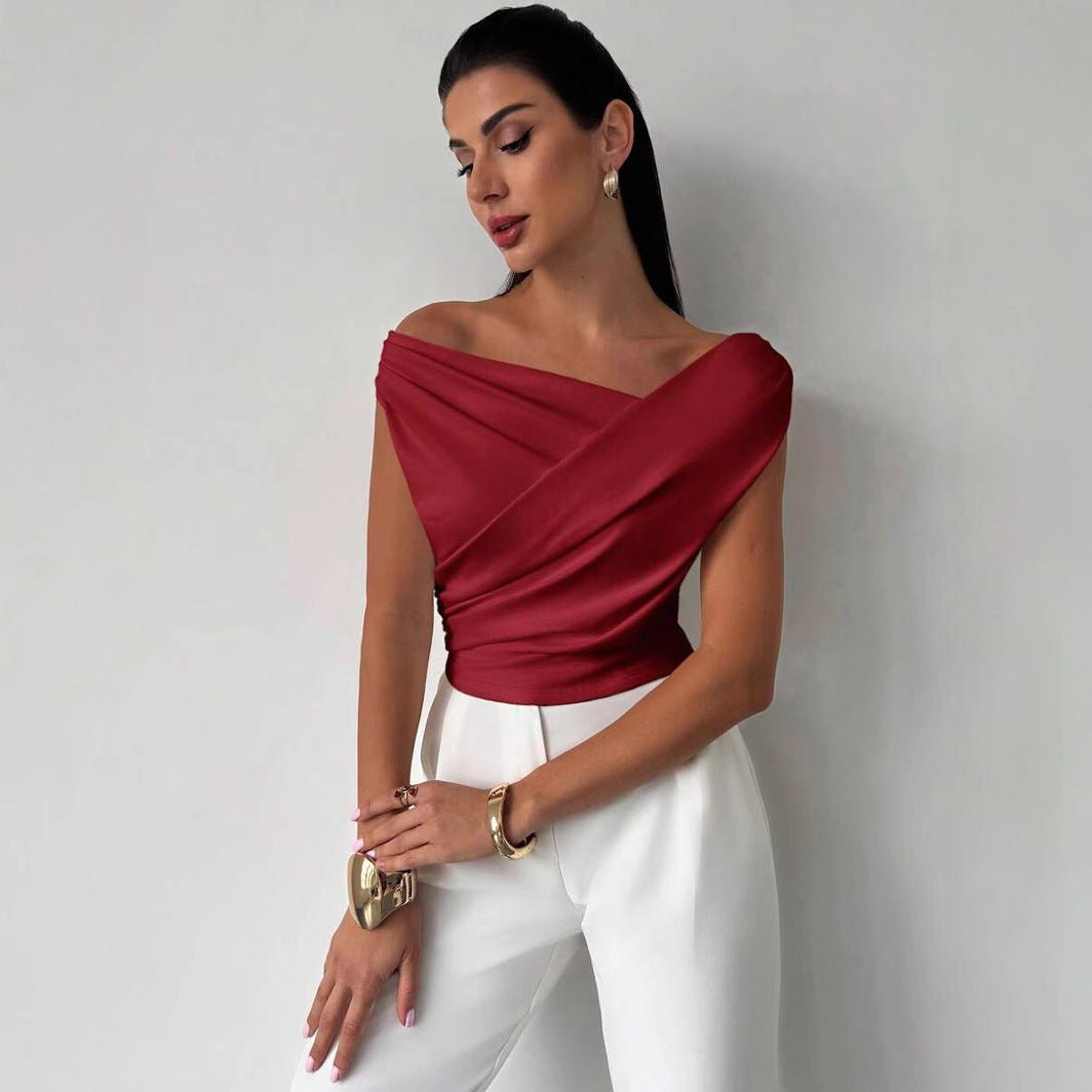 2025 solid color sleeveless T-shirt women's simple style oblique shoulder slimming sleeveless short top - Negative Apparel