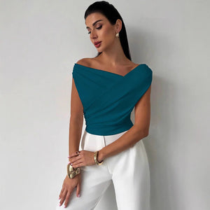 2025 solid color sleeveless T-shirt women's simple style oblique shoulder slimming sleeveless short top - Negative Apparel