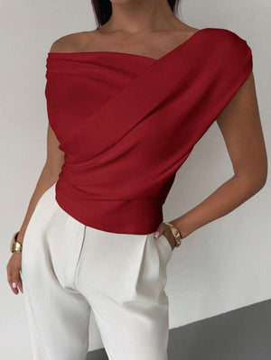 2025 solid color sleeveless T-shirt women's simple style oblique shoulder slimming sleeveless short top - Negative Apparel