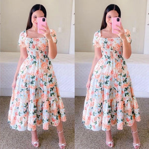2025 Spring and Summer Artistic French Fresh Print Shirred Dress - Negative Apparel