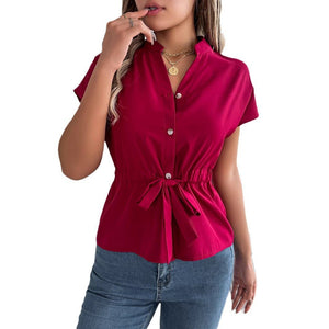 2025 spring and summer casual solid color button drawstring short - sleeved shirt top - Negative Apparel