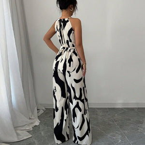 2025 spring and summer INS zebra pattern suspender jumpsuit European and American style lace - up wide - leg trousers women's clothing - Negative Apparel