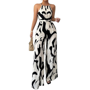 2025 spring and summer INS zebra pattern suspender jumpsuit European and American style lace - up wide - leg trousers women's clothing - Negative Apparel