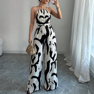 2025 spring and summer INS zebra pattern suspender jumpsuit European and American style lace - up wide - leg trousers women's clothing - Negative Apparel