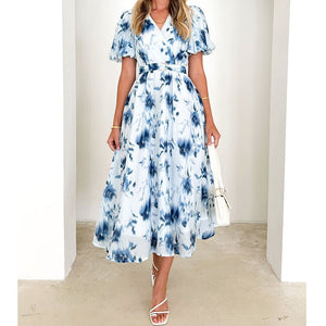 2025 Spring and Summer Long Women's Clothing Puff Sleeves High - end Printed Sxy Style Women's Clothing V - neck Dress Women - Negative Apparel