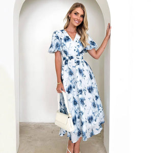 2025 Spring and Summer Long Women's Clothing Puff Sleeves High - end Printed Sxy Style Women's Clothing V - neck Dress Women - Negative Apparel