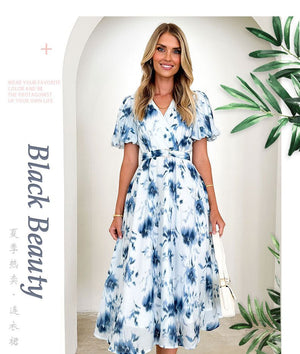 2025 Spring and Summer Long Women's Clothing Puff Sleeves High - end Printed Sxy Style Women's Clothing V - neck Dress Women - Negative Apparel