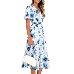 2025 Spring and Summer Long Women's Clothing Puff Sleeves High - end Printed Sxy Style Women's Clothing V - neck Dress Women - Negative Apparel