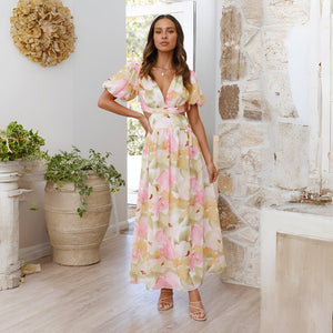 2025 spring and summer new fresh and elegant floral large swing backless design dress - Negative Apparel