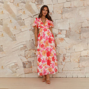 2025 spring and summer new fresh and elegant floral large swing backless design dress - Negative Apparel