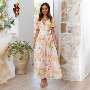 2025 spring and summer new fresh and elegant floral large swing backless design dress - Negative Apparel