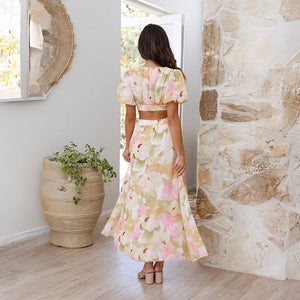 2025 spring and summer new fresh and elegant floral large swing backless design dress - Negative Apparel