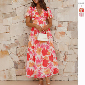 2025 spring and summer new fresh and elegant floral large swing backless design dress - Negative Apparel