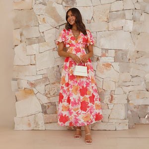 2025 spring and summer new fresh and elegant floral large swing backless design dress - Negative Apparel