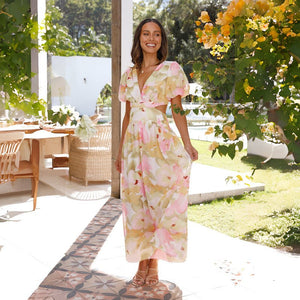 2025 spring and summer new fresh and elegant floral large swing backless design dress - Negative Apparel