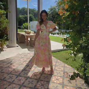 2025 spring and summer new fresh and elegant floral large swing backless design dress - Negative Apparel