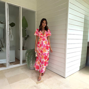 2025 spring and summer new fresh and elegant floral large swing backless design dress - Negative Apparel