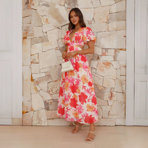 2025 spring and summer new fresh and elegant floral large swing backless design dress - Negative Apparel