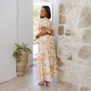 2025 spring and summer new fresh and elegant floral large swing backless design dress - Negative Apparel