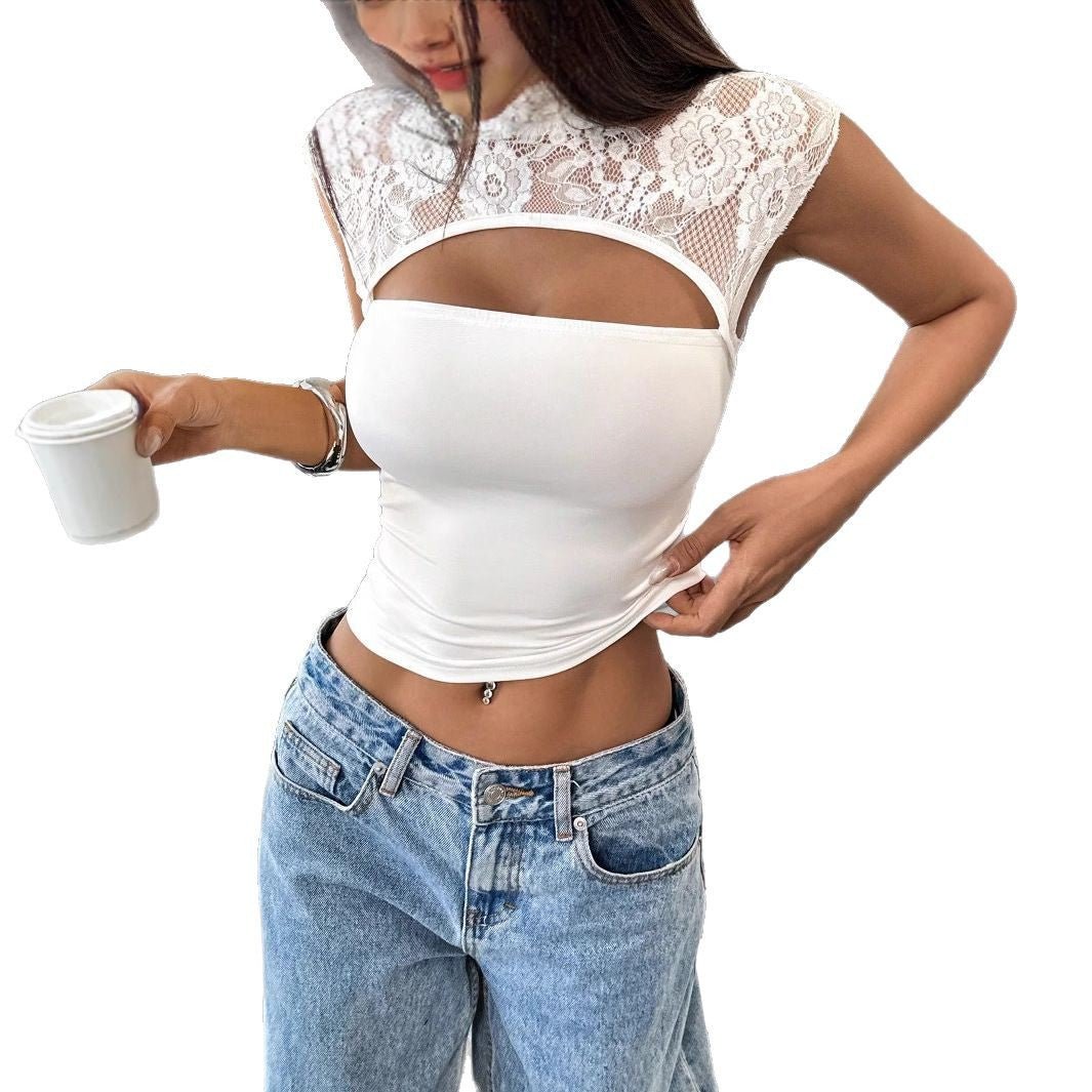 2025 spring and summer new pure desire sexy wind lace splicing slim hollow female Spice Girl short top - Negative Apparel