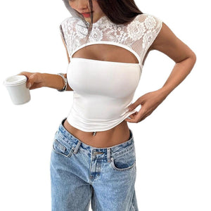 2025 spring and summer new pure desire sexy wind lace splicing slim hollow female Spice Girl short top - Negative Apparel