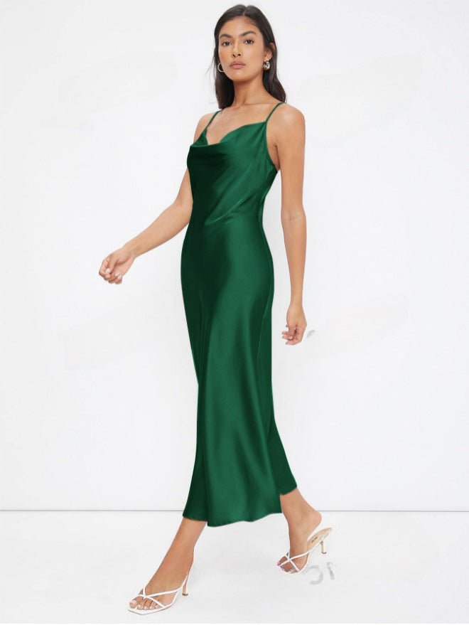 2025 spring and summer new satin suspenders deep V - neck slim fashion solid color dress - Negative Apparel