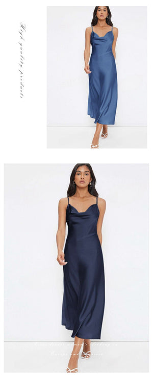 2025 spring and summer new satin suspenders deep V - neck slim fashion solid color dress - Negative Apparel