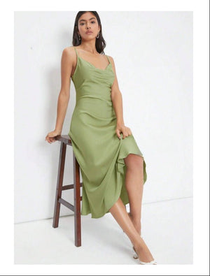 2025 spring and summer new satin suspenders deep V - neck slim fashion solid color dress - Negative Apparel