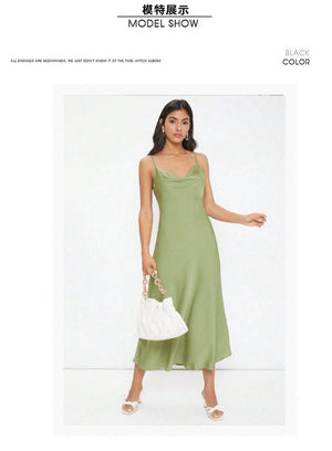 2025 spring and summer new satin suspenders deep V - neck slim fashion solid color dress - Negative Apparel