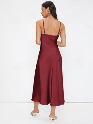 2025 spring and summer new satin suspenders deep V - neck slim fashion solid color dress - Negative Apparel