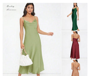 2025 spring and summer new satin suspenders deep V - neck slim fashion solid color dress - Negative Apparel