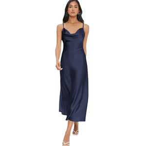 2025 spring and summer new satin suspenders deep V - neck slim fashion solid color dress - Negative Apparel