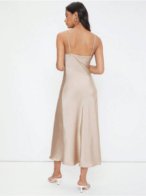 2025 spring and summer new satin suspenders deep V - neck slim fashion solid color dress - Negative Apparel