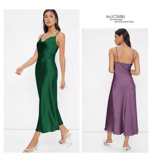 2025 spring and summer new satin suspenders deep V - neck slim fashion solid color dress - Negative Apparel