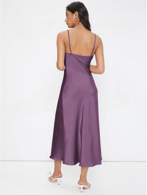 2025 spring and summer new satin suspenders deep V - neck slim fashion solid color dress - Negative Apparel