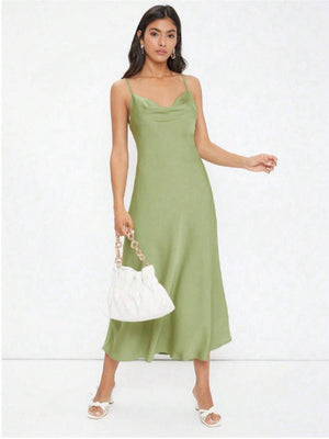 2025 spring and summer new satin suspenders deep V - neck slim fashion solid color dress - Negative Apparel