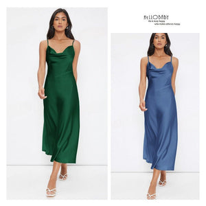 2025 spring and summer new satin suspenders deep V - neck slim fashion solid color dress - Negative Apparel