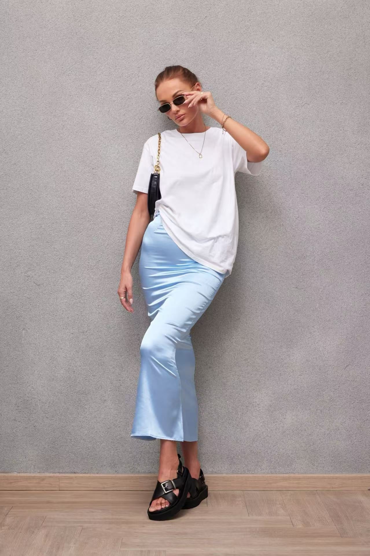 2025 Spring and Summer New Simulation Silk Skirt Fishtail Satin Hip Skirt - Negative Apparel