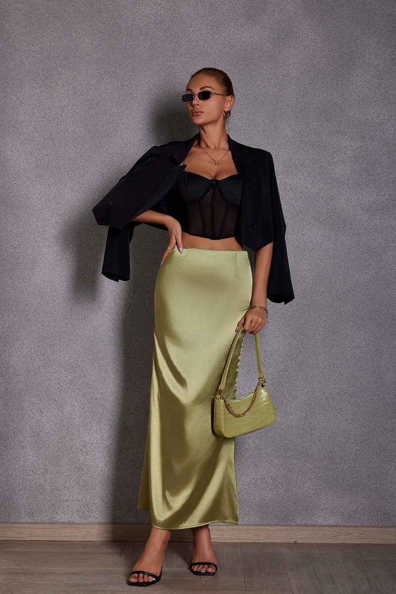 2025 Spring and Summer New Simulation Silk Skirt Fishtail Satin Hip Skirt - Negative Apparel